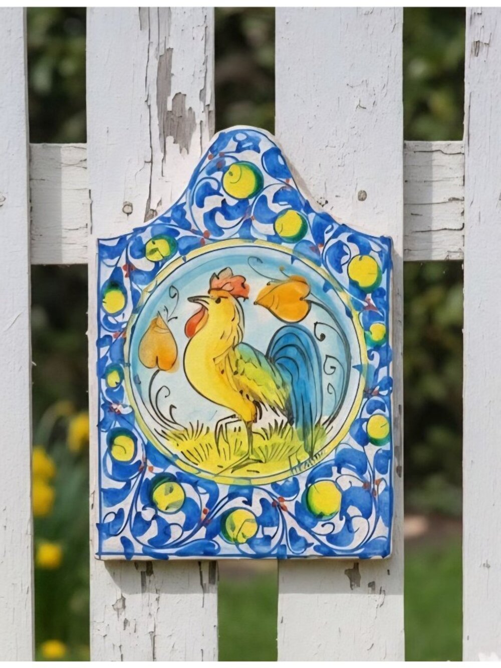 Hand-Painted Frantantoni Stone Wall Plaque With Rooster 12"x8.5" Rustic Italian